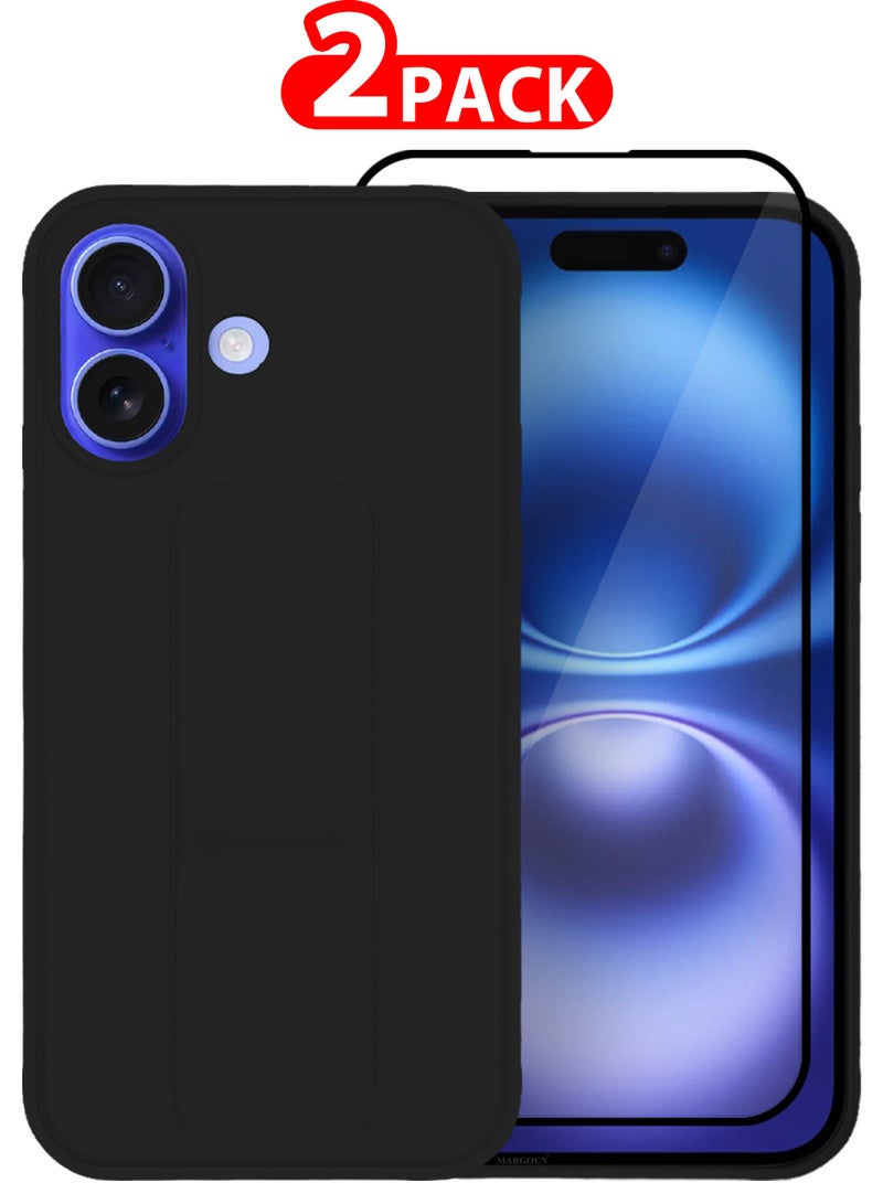 MARGOUN (for Apple iPhone 16) 2Packs (1Case, 2Screen Protectors), Case Premium PU Leather Back Cover with Stand Function Shockproof and Anti Scratch Case Cover Finger Grip Black-1  - Image 1