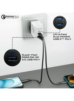بروميت 45W Power Delivery GaNFast™ Charger, Dual USB-C 45W Ports, and Quick Charge USB-A 22.5W Port White  - Image 4