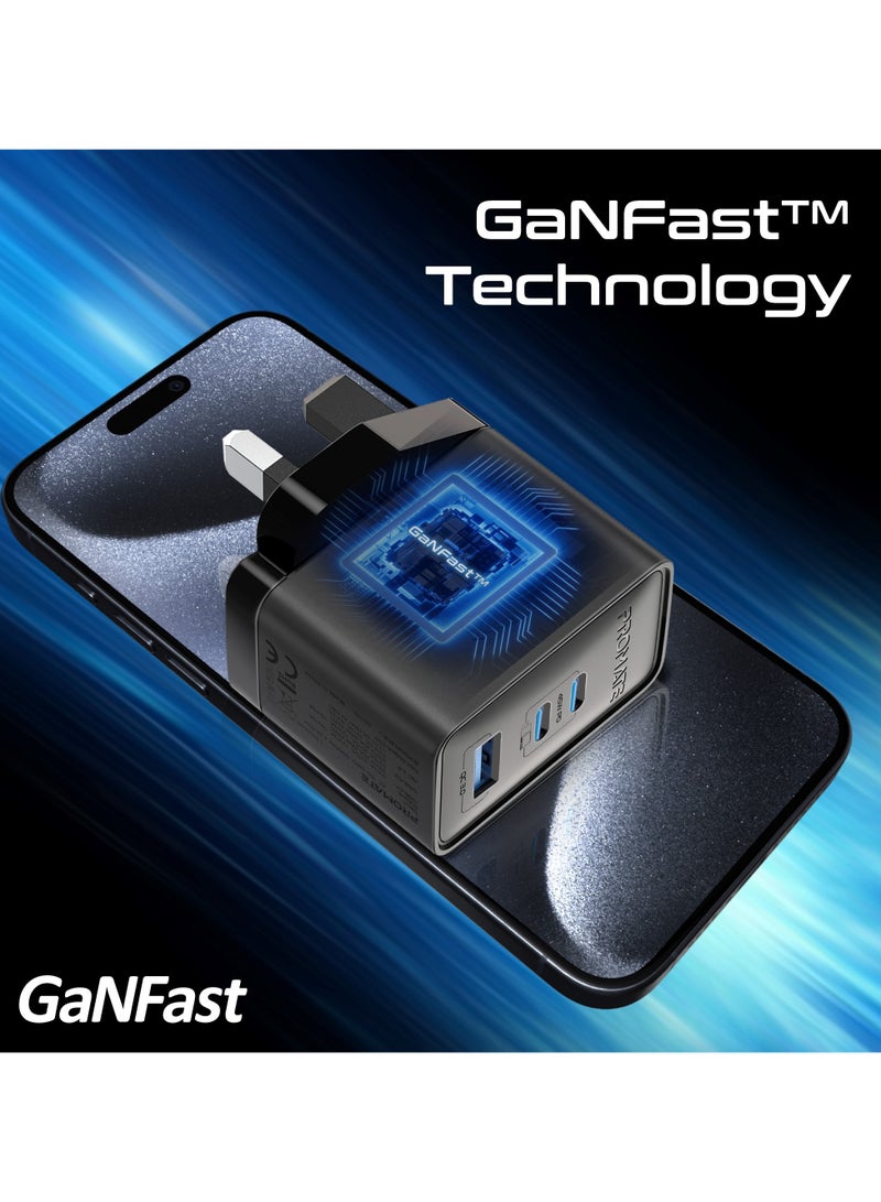 PROMATE 45W Power Delivery GaNFast™ Charger, Dual USB-C 45W Ports, and Quick Charge USB-A 22.5W Port Black - Image 3