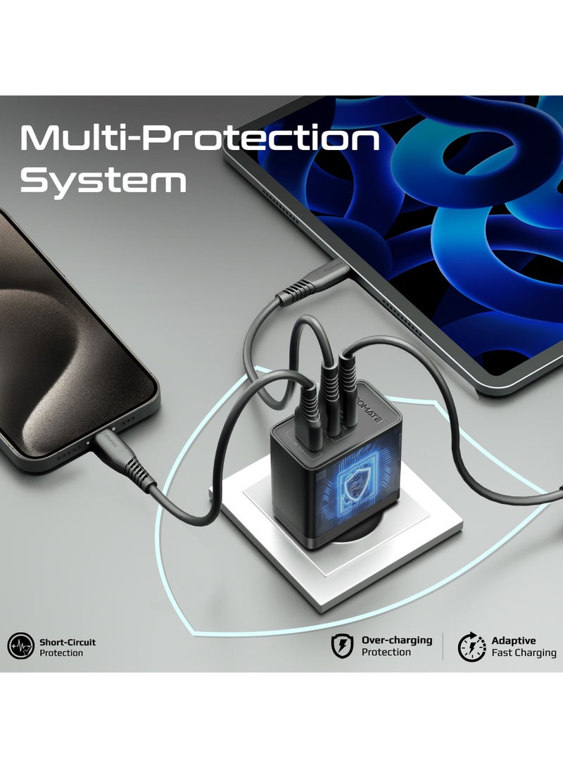 PROMATE 45W Power Delivery GaNFast™ Charger, Dual USB-C 45W Ports, and Quick Charge USB-A 22.5W Port Black - Image 5
