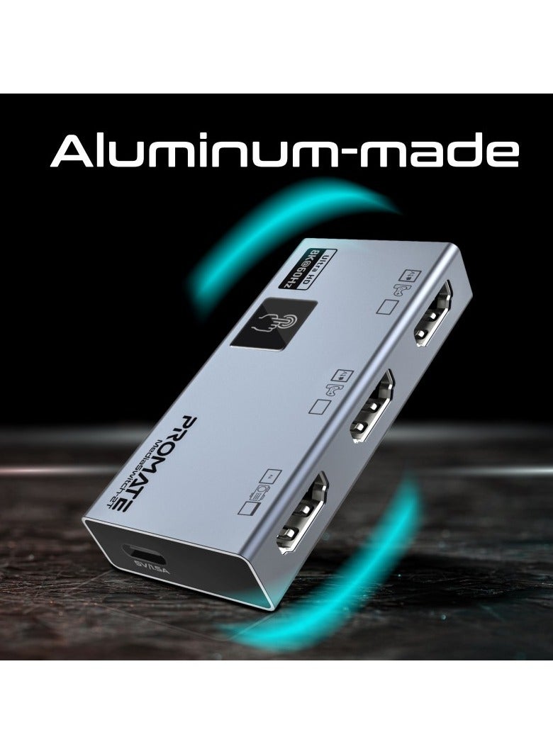 Ultra-HD 8K@60Hz HDMI Switch with Triple HDMI Ports, High-Resolution Clarity, Compact Design, Smart Touch Control and Plug and Play support for  Laptops, Computers, UHDTV, Projectors, MediaSwitch-2T Grey