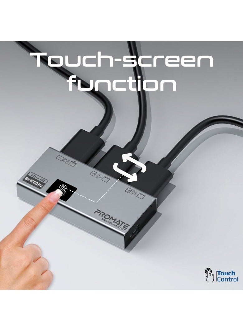 Ultra-HD 8K@60Hz HDMI Switch with Triple HDMI Ports, High-Resolution Clarity, Compact Design, Smart Touch Control and Plug and Play support for  Laptops, Computers, UHDTV, Projectors, MediaSwitch-2T Grey