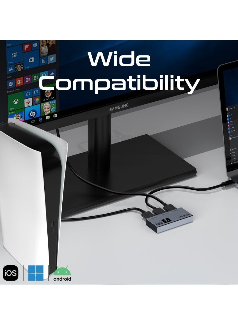 Ultra-HD 8K@60Hz HDMI Switch with Triple HDMI Ports, High-Resolution Clarity, Compact Design, Smart Touch Control and Plug and Play support for  Laptops, Computers, UHDTV, Projectors, MediaSwitch-2T Grey