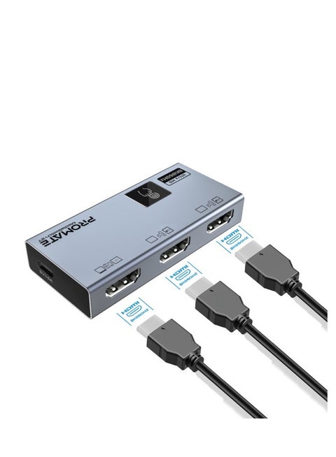 Ultra-HD 8K@60Hz HDMI Switch with Triple HDMI Ports, High-Resolution Clarity, Compact Design, Smart Touch Control and Plug and Play support for  Laptops, Computers, UHDTV, Projectors, MediaSwitch-2T Grey