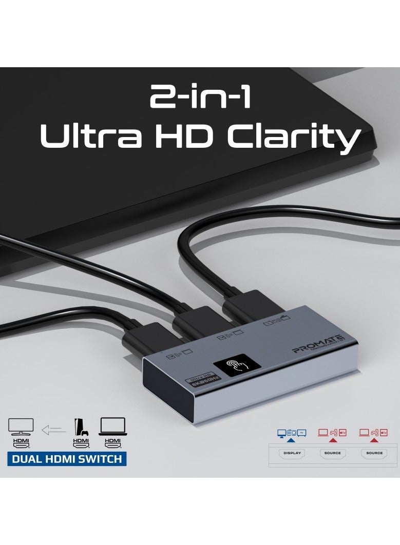 Ultra-HD 8K@60Hz HDMI Switch with Triple HDMI Ports, High-Resolution Clarity, Compact Design, Smart Touch Control and Plug and Play support for  Laptops, Computers, UHDTV, Projectors, MediaSwitch-2T Grey