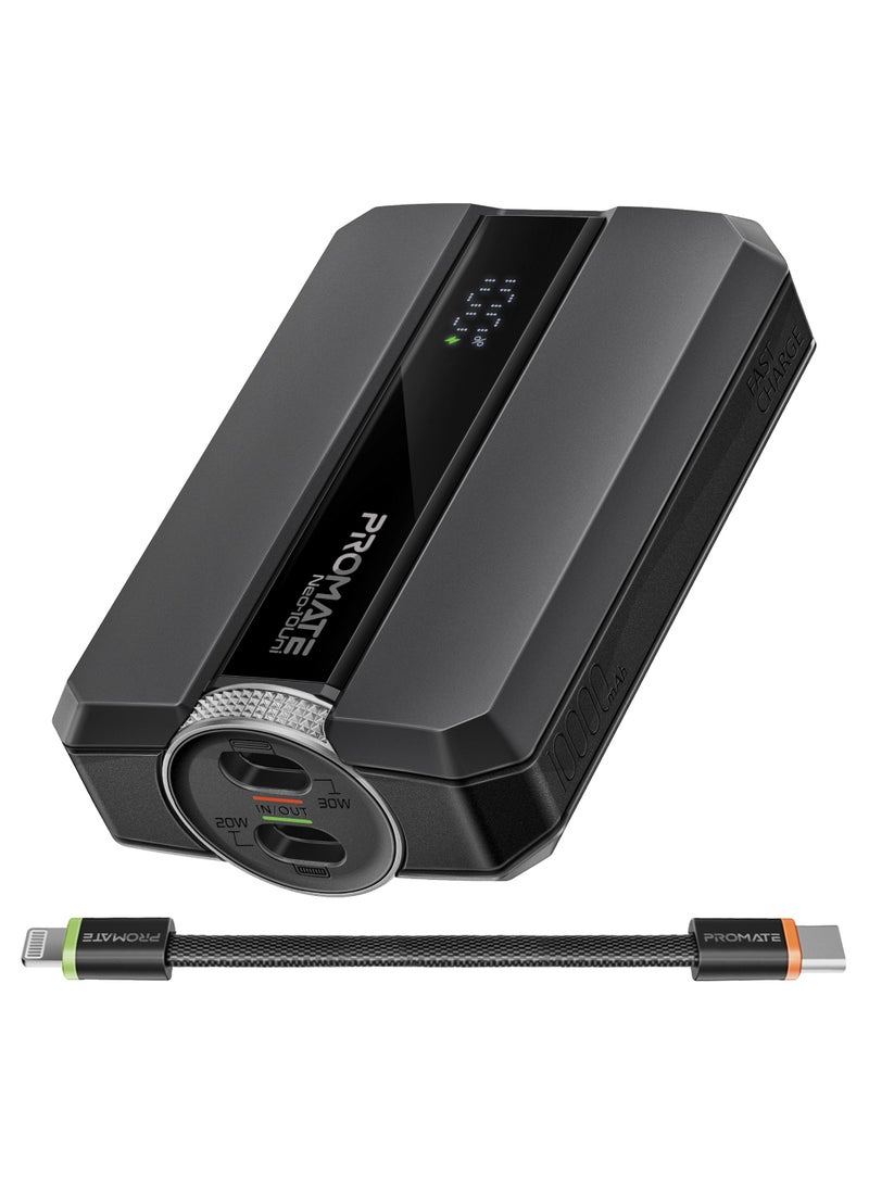 PROMATE - 10000 mAh Power Bank, Universal Ultra-Compact Battery Charger, with Double-ended Type-C to Lightning cable, Triple Device Charging, USB-C and Lightning Ports, 30W Fast Charging, Dual Recharging Methods, LED Display, Charge Protection, Neo-10Uni Black - Image 1