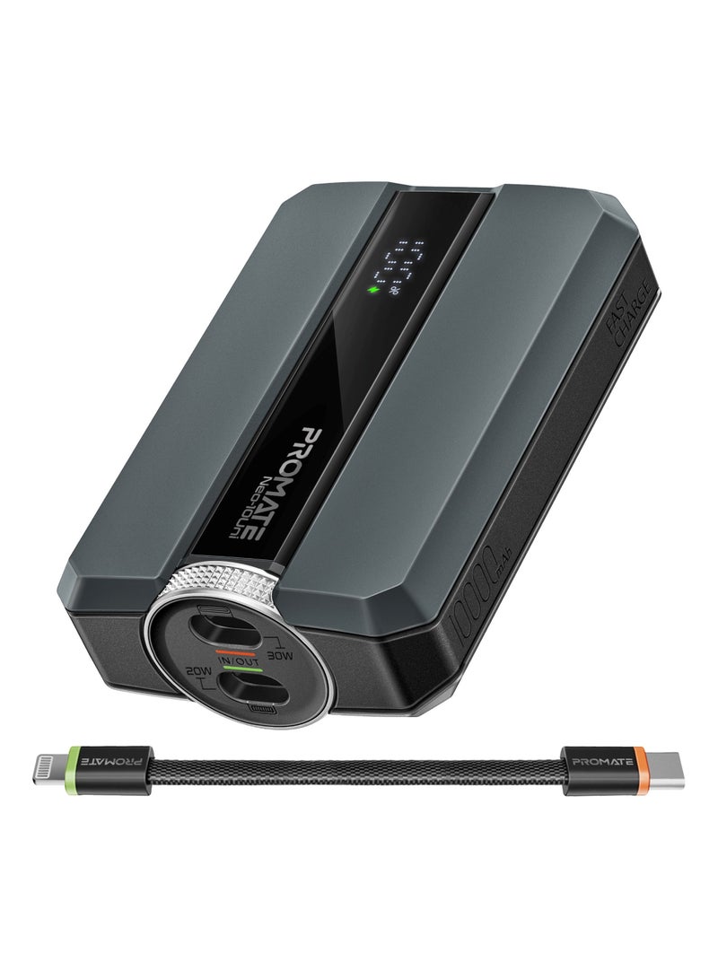 PROMATE - 10000 mAh Power Bank, Universal Ultra-Compact Battery Charger, with Double-ended Type-C to Lightning cable, Triple Device Charging, USB-C and Lightning Ports, 30W Fast Charging, Dual Recharging Methods, LED Display, Charge Protection, Neo-10Uni Grey - Image 1