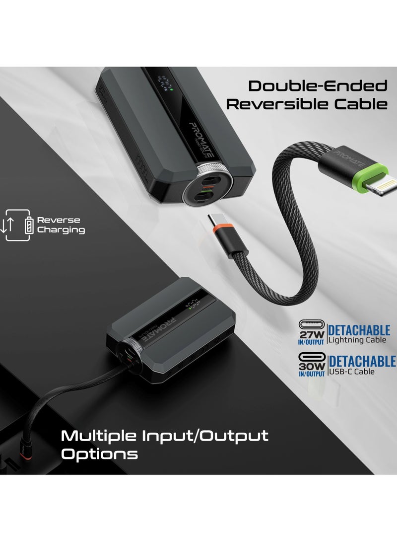 PROMATE - 10000 mAh Power Bank, Universal Ultra-Compact Battery Charger, with Double-ended Type-C to Lightning cable, Triple Device Charging, USB-C and Lightning Ports, 30W Fast Charging, Dual Recharging Methods, LED Display, Charge Protection, Neo-10Uni Grey - Image 1