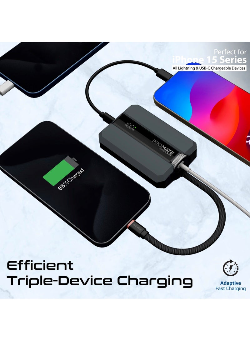 PROMATE - 10000 mAh Power Bank, Universal Ultra-Compact Battery Charger, with Double-ended Type-C to Lightning cable, Triple Device Charging, USB-C and Lightning Ports, 30W Fast Charging, Dual Recharging Methods, LED Display, Charge Protection, Neo-10Uni Grey - Image 1