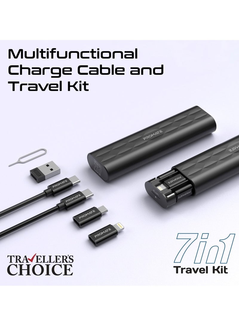 بروميت 7-In-1 Charging Cable & Travel Kit, 60W Charge and Sync USB-C Cable with Micro-USB Adapter, Lightning Adapter, USB-A Adapter, Compact SIM Card Slots and TF Card Slot, Portable Pusher Case Design, Perk Black - Image 2