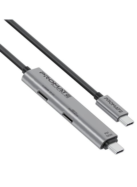 3-In-1 PD100W Type-C 5Gbps Data Transfer Cable with Dual USB-C Port Hub, 5Gbps High-Speed and 480Mbps USB-C Data-Transfer Ports, 1.5m Cable Length, Easy Plug-and-Play Setup, Universal Compatibility, PortLink-C3 Black