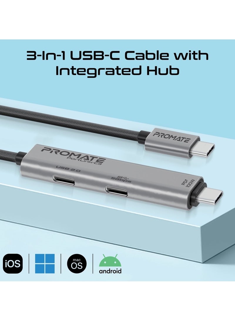 PROMATE - 3-In-1 PD100W Type-C 5Gbps Data Transfer Cable with Dual USB-C Port Hub, 5Gbps High-Speed and 480Mbps USB-C Data-Transfer Ports, 1.5m Cable Length, Easy Plug-and-Play Setup, Universal Compatibility, PortLink-C3 Black - Image 1
