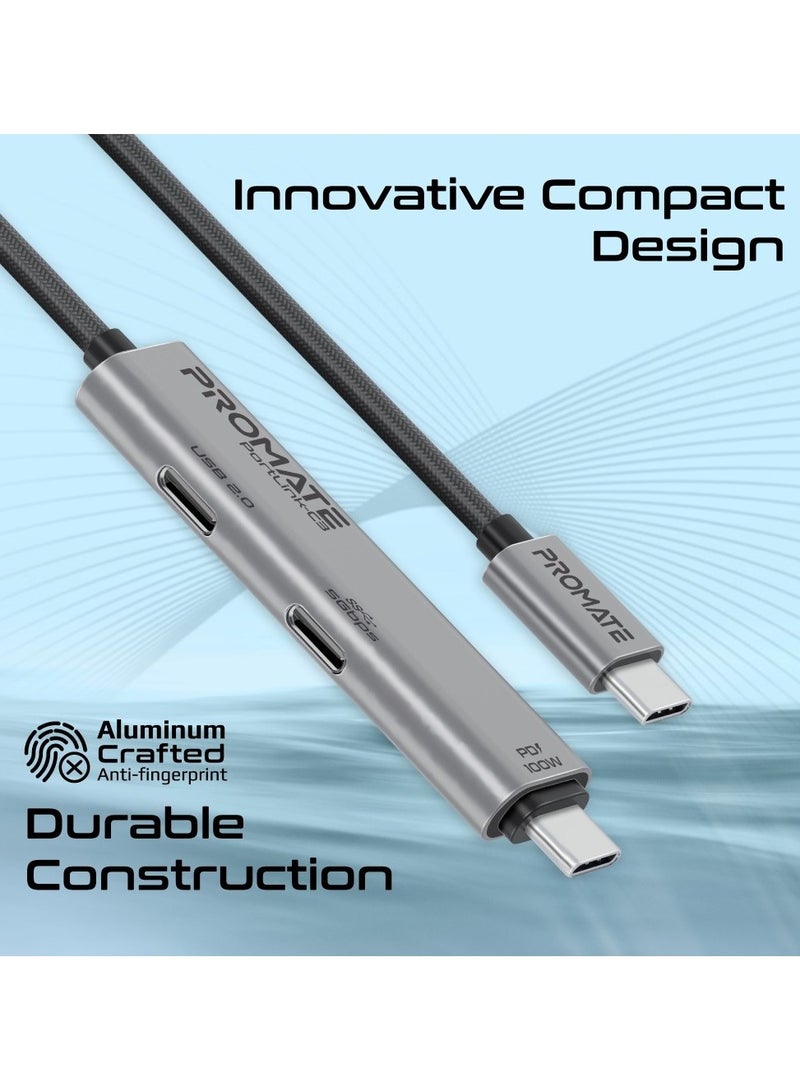 PROMATE - 3-In-1 PD100W Type-C 5Gbps Data Transfer Cable with Dual USB-C Port Hub, 5Gbps High-Speed and 480Mbps USB-C Data-Transfer Ports, 1.5m Cable Length, Easy Plug-and-Play Setup, Universal Compatibility, PortLink-C3 Black - Image 1