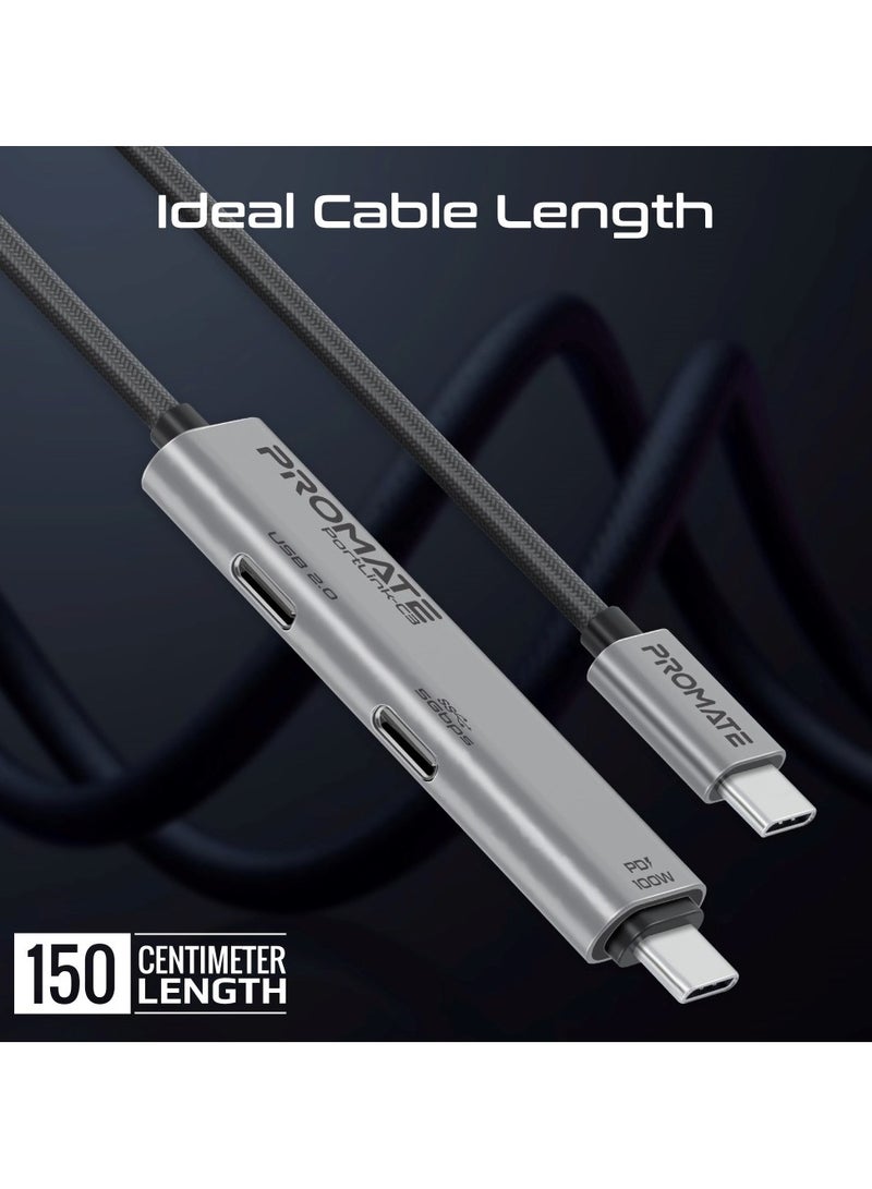 PROMATE - 3-In-1 PD100W Type-C 5Gbps Data Transfer Cable with Dual USB-C Port Hub, 5Gbps High-Speed and 480Mbps USB-C Data-Transfer Ports, 1.5m Cable Length, Easy Plug-and-Play Setup, Universal Compatibility, PortLink-C3 Black - Image 1