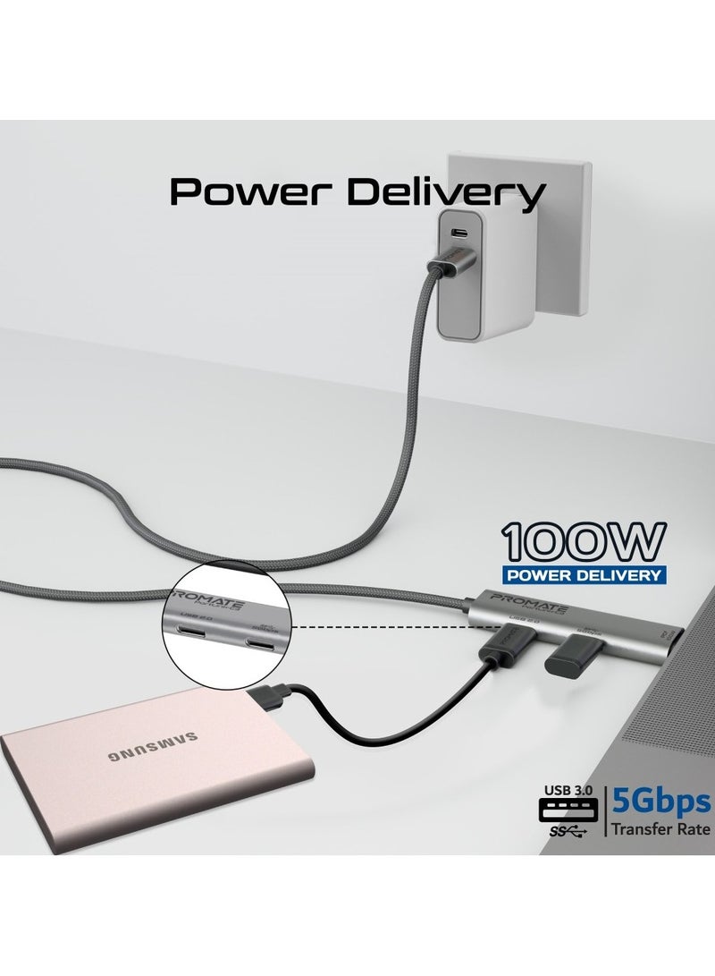 PROMATE - 3-In-1 PD100W Type-C 5Gbps Data Transfer Cable with Dual USB-C Port Hub, 5Gbps High-Speed and 480Mbps USB-C Data-Transfer Ports, 1.5m Cable Length, Easy Plug-and-Play Setup, Universal Compatibility, PortLink-C3 Black - Image 1