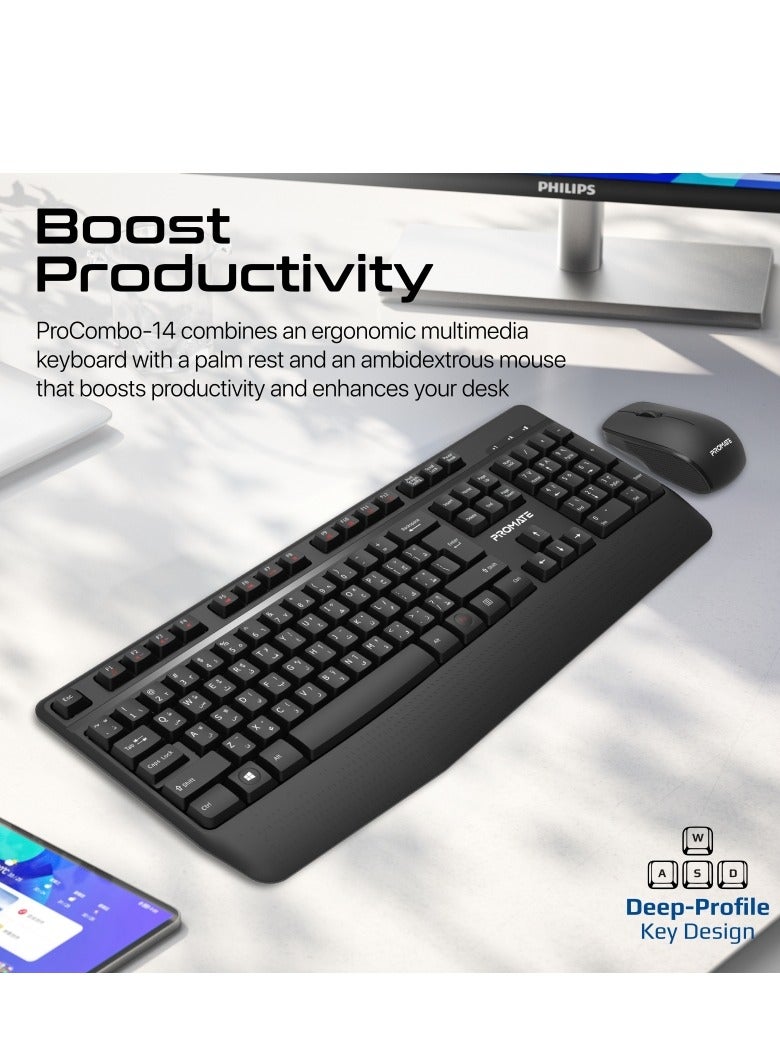 بروميت Wireless Keyboard and Mouse Combo, Ergonomic Angled 2.4Ghz with 1200 DPI, Ambidextrous Mouse, Wrist Rest, Nano USB Receiver, Media Keys, for iMac, MacBook Air, ASUS English/Arabic Black - Image 2