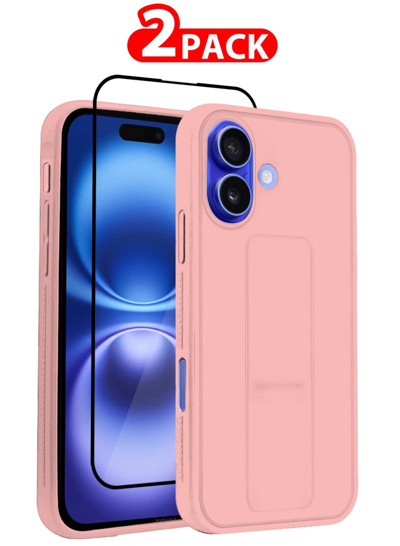 MARGOUN (for Apple iPhone 16) 2Packs (1Case, 1Screen Protector), Case Premium PU Leather Back Cover with Stand Function Shockproof and Anti Scratch Case Cover Finger Grip Pink-2  - Image 1