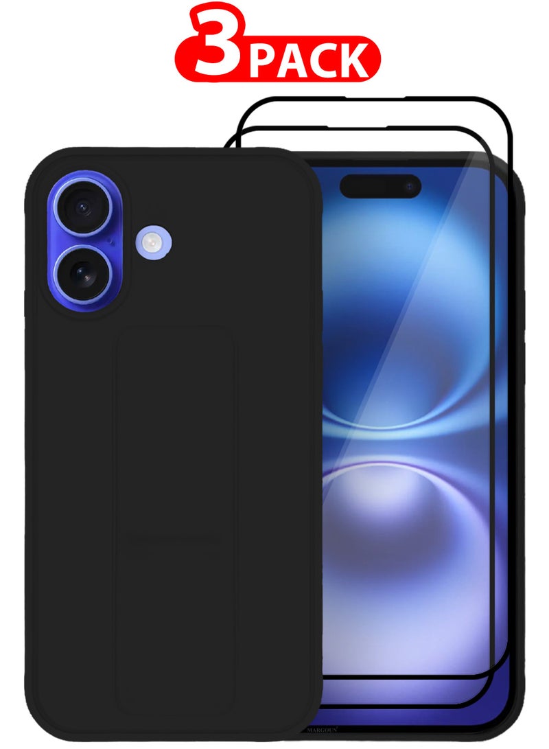 MARGOUN (for Apple iPhone 16) 3Packs (1Case, 2Screen Protectors), Case Premium PU Leather Back Cover with Stand Function Shockproof and Anti Scratch Case Cover Finger Grip Black-3  - Image 1