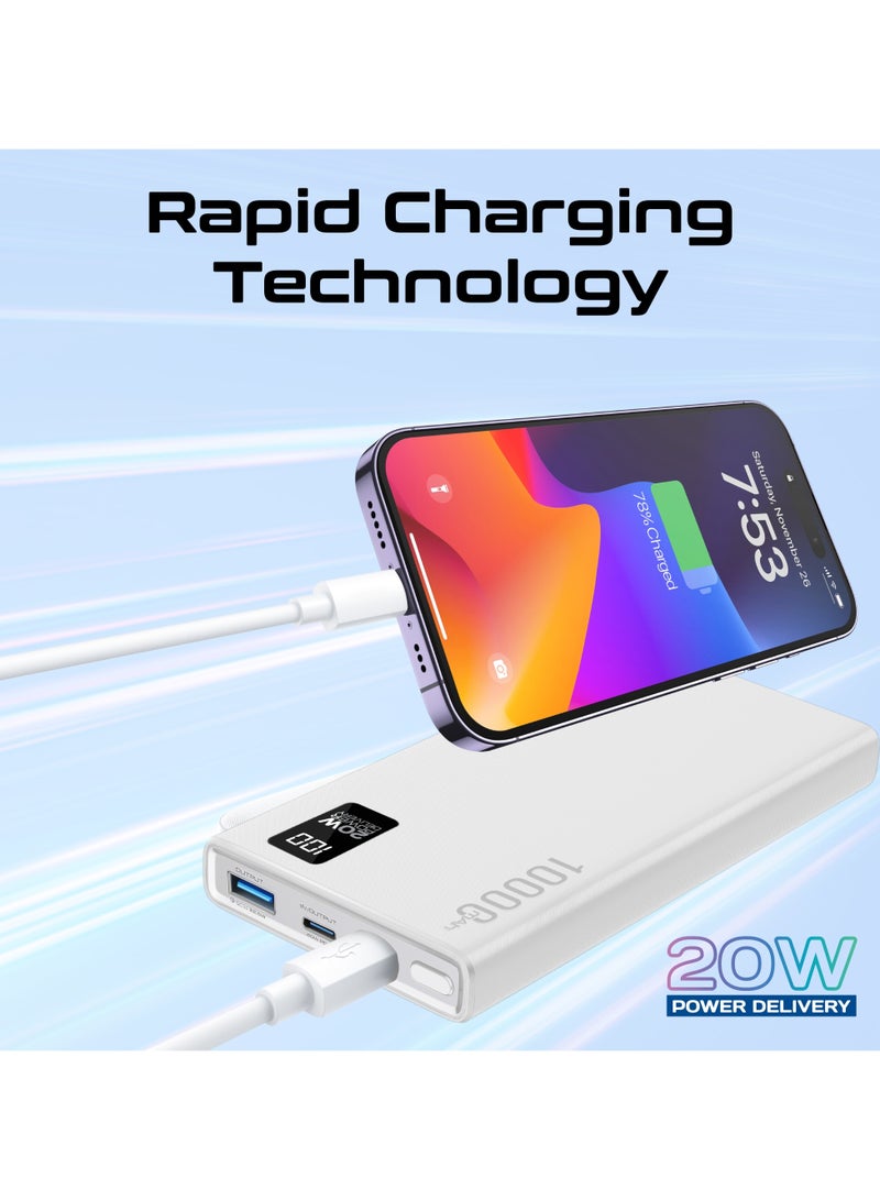 بروميت - 10000 mAh Power Bank Ultra-Slim with 20W USB-C Input/Output Port, QC 3.0 Output, USB-C Ports, LCD Screen, Bolt-10PD White - Image 1