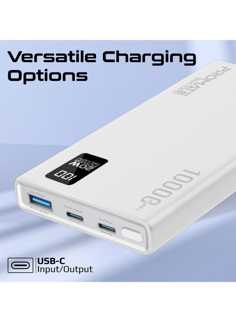 بروميت - 10000 mAh Power Bank Ultra-Slim with 20W USB-C Input/Output Port, QC 3.0 Output, USB-C Ports, LCD Screen, Bolt-10PD White - Image 1