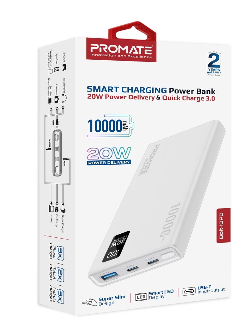 بروميت - 10000 mAh Power Bank Ultra-Slim with 20W USB-C Input/Output Port, QC 3.0 Output, USB-C Ports, LCD Screen, Bolt-10PD White - Image 1