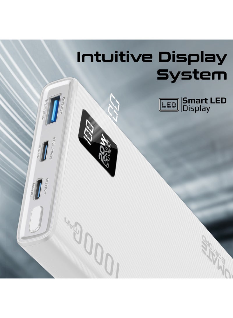 بروميت - 10000 mAh Power Bank Ultra-Slim with 20W USB-C Input/Output Port, QC 3.0 Output, USB-C Ports, LCD Screen, Bolt-10PD White - Image 1