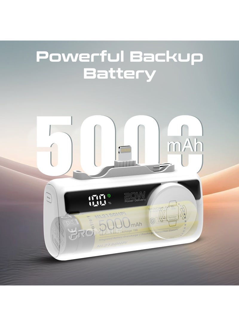 PROMATE 5000 mAh 3 in 1 Mini Power Bank, With 20W USB-C™ In/Out Foldable Connector, 12W Lightning Foldable Connector, Wireless  Apple Watch Charger, LED Display White  - Image 2