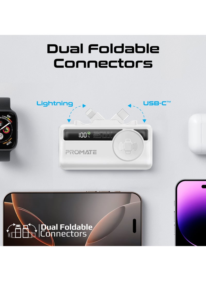 PROMATE 5000 mAh 3 in 1 Mini Power Bank, With 20W USB-C™ In/Out Foldable Connector, 12W Lightning Foldable Connector, Wireless  Apple Watch Charger, LED Display White  - Image 3