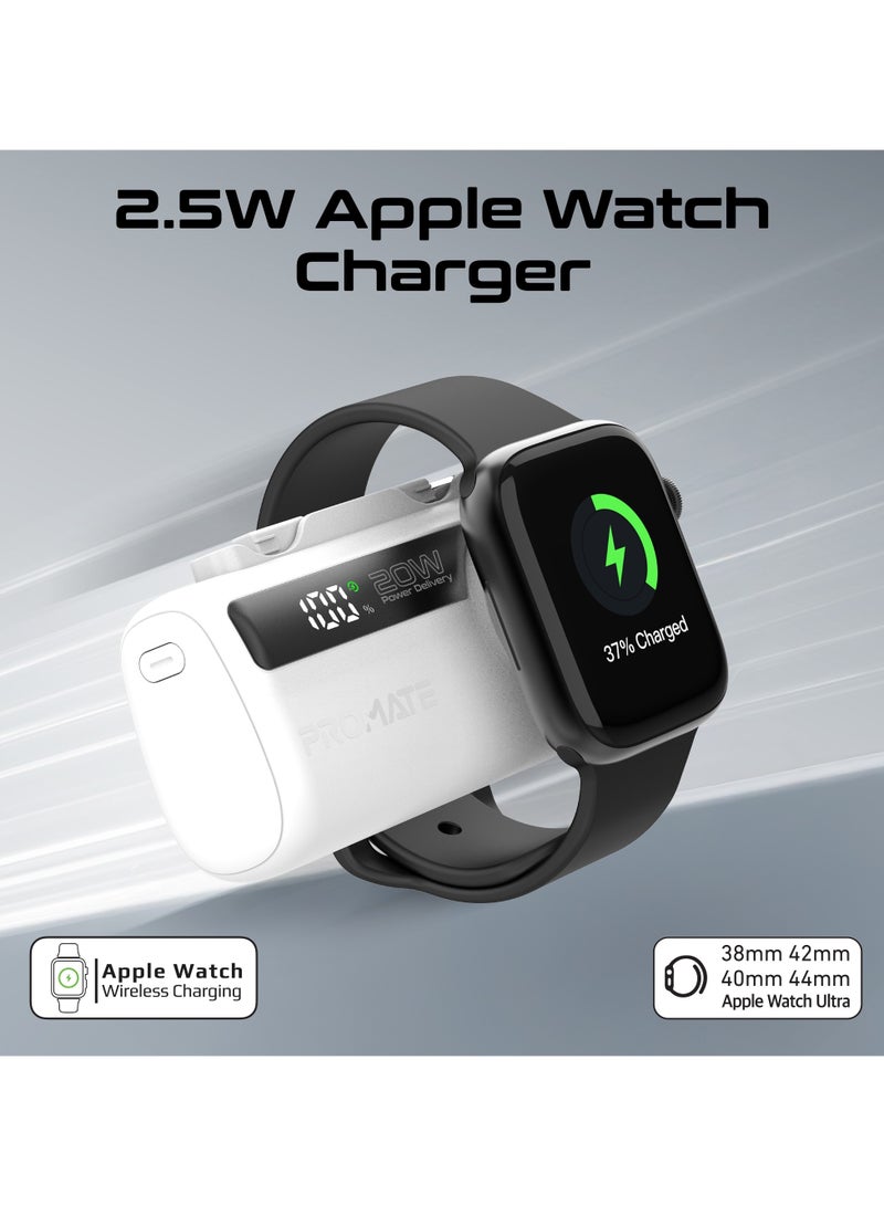 PROMATE 5000 mAh 3 in 1 Mini Power Bank, With 20W USB-C™ In/Out Foldable Connector, 12W Lightning Foldable Connector, Wireless  Apple Watch Charger, LED Display White  - Image 5