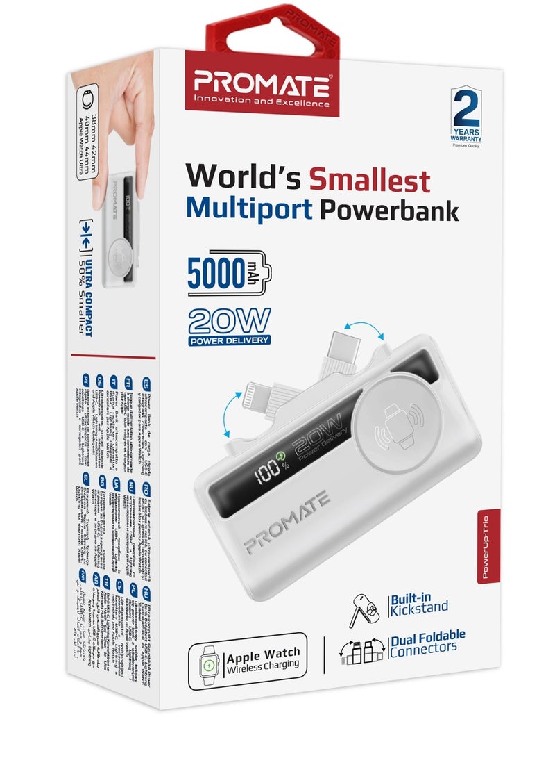 PROMATE - 5000 mAh 3 in 1 Mini Power Bank, With 20W USB-C™ In/Out Foldable Connector, 12W Lightning Foldable Connector, Wireless  Apple Watch Charger, LED Display White - Image 1