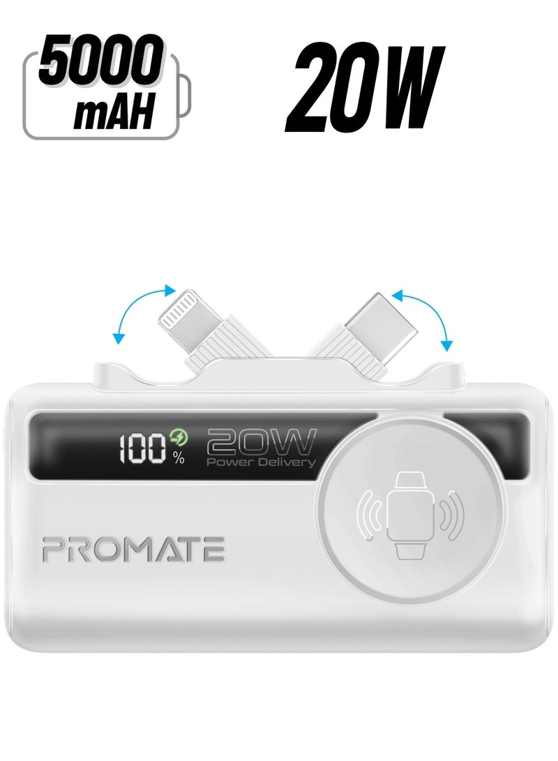 PROMATE 5000 mAh 3 in 1 Mini Power Bank, With 20W USB-C™ In/Out Foldable Connector, 12W Lightning Foldable Connector, Wireless  Apple Watch Charger, LED Display White  - Image 1