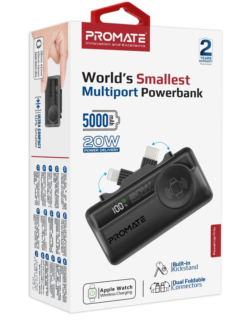 PROMATE - 5000 mAh 3 in 1 Mini Power Bank With 20W USB-C™ In/Out Foldable Connector, 12W Lightning Foldable Connector, Wireless  Apple Watch Charger, LED Display Black - Image 1