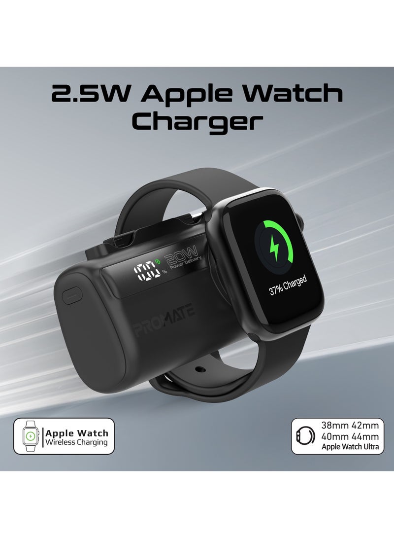 PROMATE - 5000 mAh 3 in 1 Mini Power Bank With 20W USB-C™ In/Out Foldable Connector, 12W Lightning Foldable Connector, Wireless  Apple Watch Charger, LED Display Black - Image 1