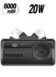 5000 mAh 3 in 1 Mini Power Bank With 20W USB-C™ In/Out Foldable Connector, 12W Lightning Foldable Connector, Wireless  Apple Watch Charger, LED Display Black