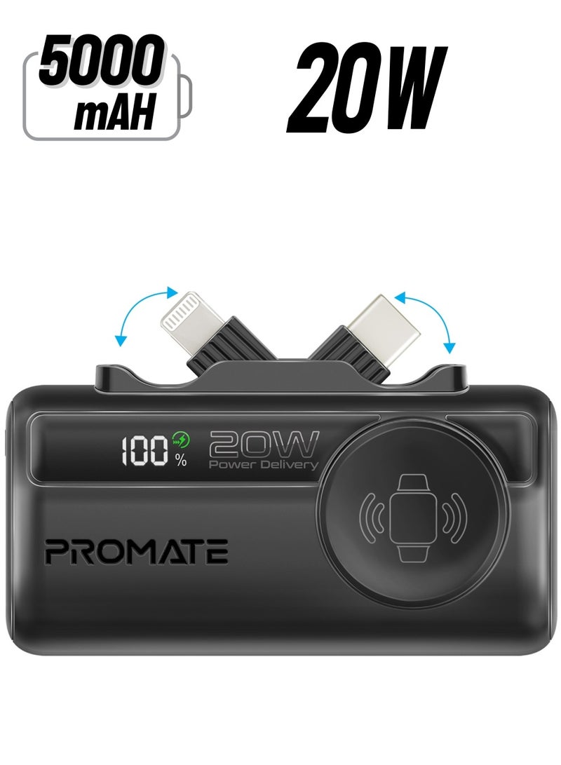 PROMATE - 5000 mAh 3 in 1 Mini Power Bank With 20W USB-C™ In/Out Foldable Connector, 12W Lightning Foldable Connector, Wireless  Apple Watch Charger, LED Display Black - Image 1
