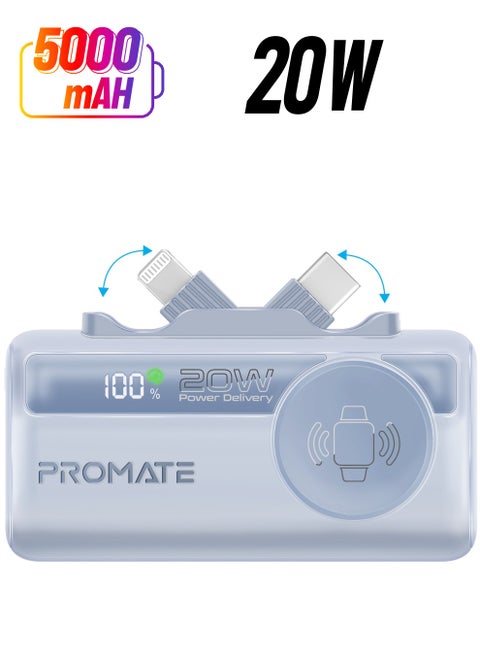 5000 mAh 3 in 1 Mini Power Bank With 20W USB-C™ In/Out Foldable Connector, 12W Lightning Foldable Connector, Wireless  Apple Watch Charger, LED Display Blue