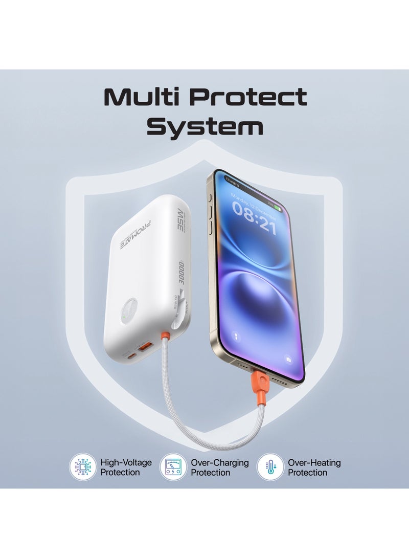 PROMATE - 30000 mAh 4 in 1 High-Capacity Power Bank 35W, With Built-In USB-C Cable, 27W Lightning Cable and Dual PD35W USB-C Port, Safety Protection, and Qualcomm Quick Charger White - Image 1