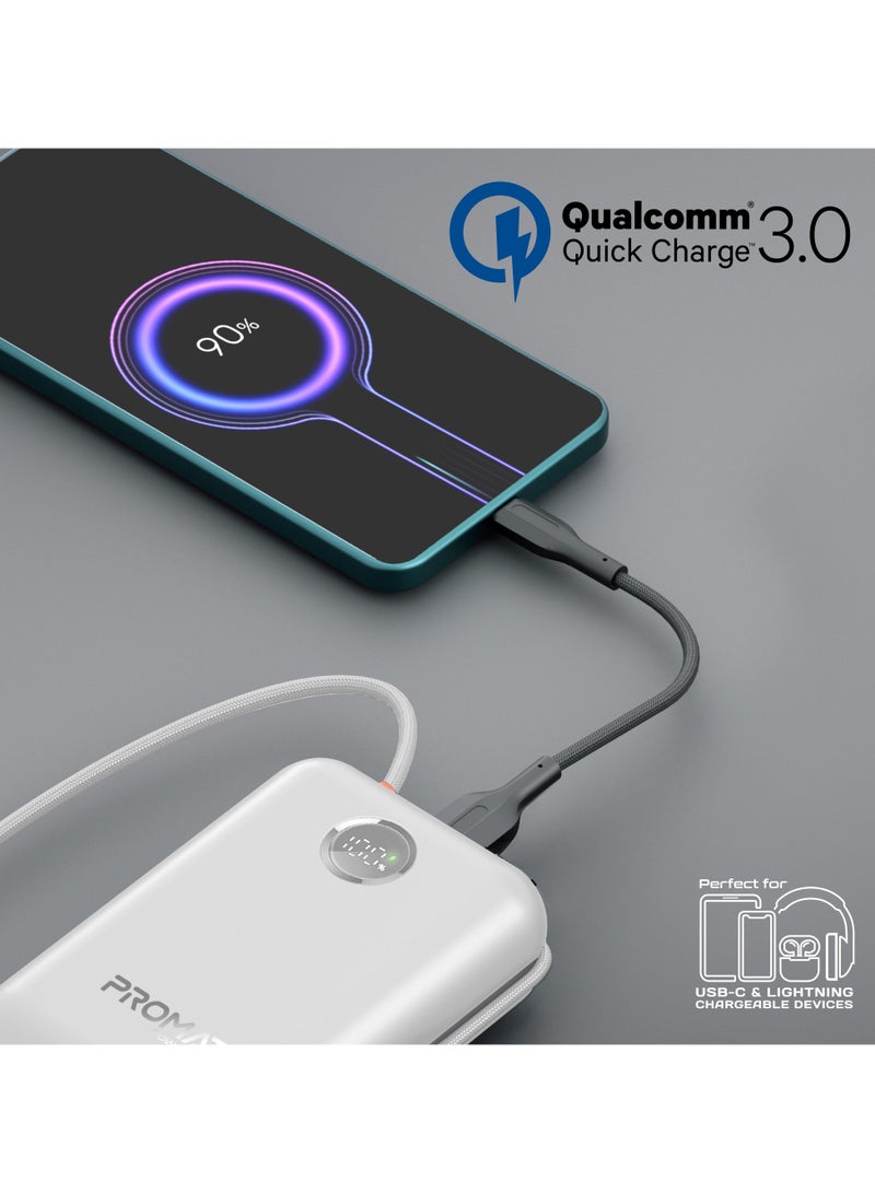 PROMATE - 30000 mAh 4 in 1 High-Capacity Power Bank 35W, With Built-In USB-C Cable, 27W Lightning Cable and Dual PD35W USB-C Port, Safety Protection, and Qualcomm Quick Charger White - Image 1