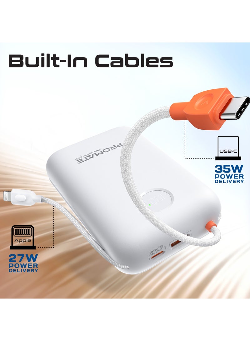 PROMATE - 30000 mAh 4 in 1 High-Capacity Power Bank 35W, With Built-In USB-C Cable, 27W Lightning Cable and Dual PD35W USB-C Port, Safety Protection, and Qualcomm Quick Charger White - Image 1