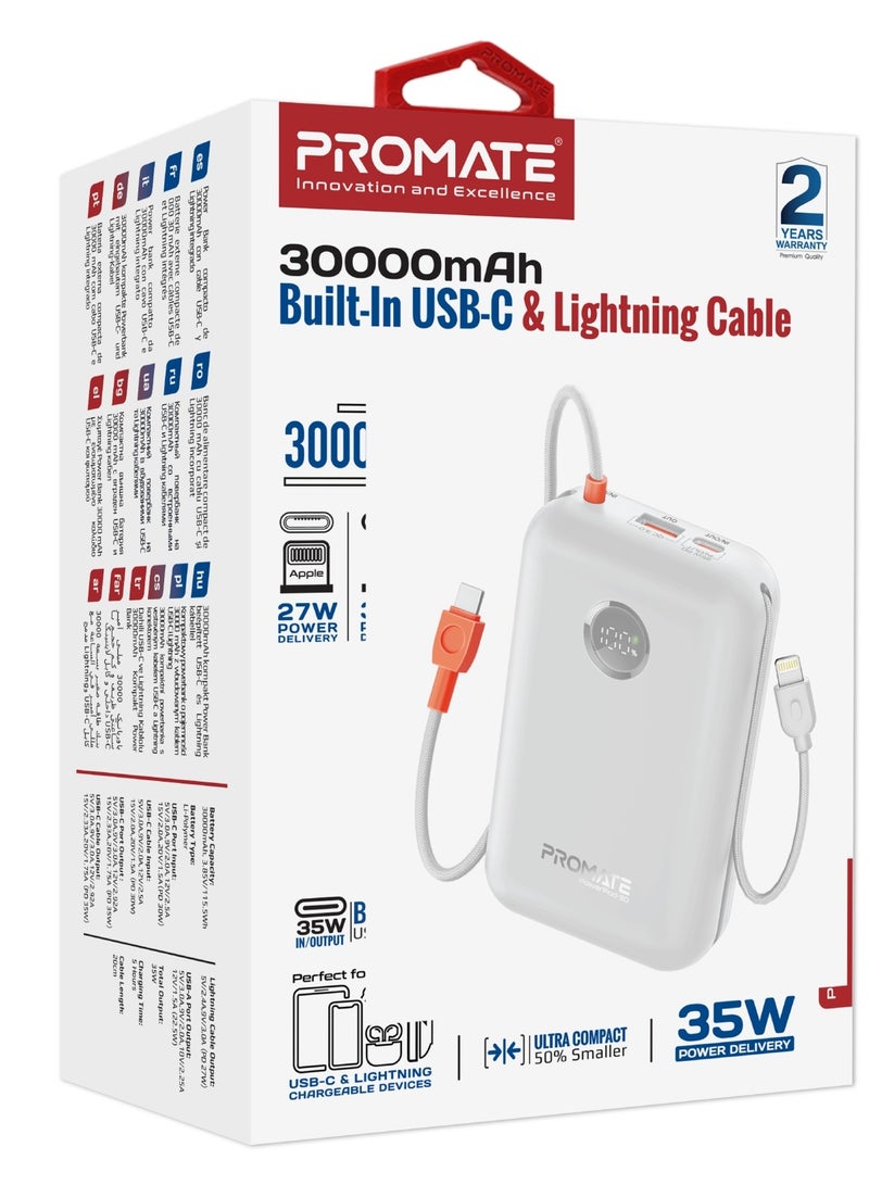 PROMATE - 30000 mAh 4 in 1 High-Capacity Power Bank 35W, With Built-In USB-C Cable, 27W Lightning Cable and Dual PD35W USB-C Port, Safety Protection, and Qualcomm Quick Charger White - Image 1