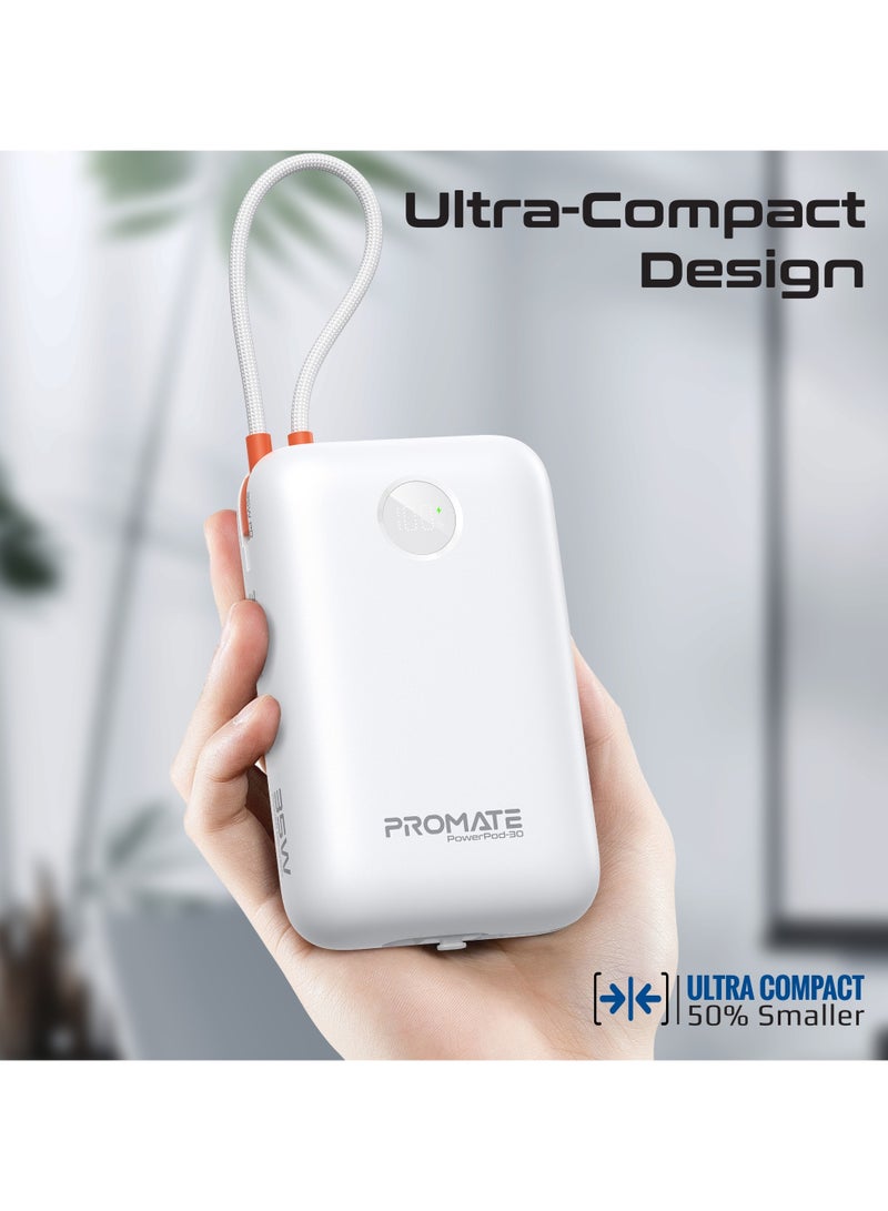 PROMATE - 30000 mAh 4 in 1 High-Capacity Power Bank 35W, With Built-In USB-C Cable, 27W Lightning Cable and Dual PD35W USB-C Port, Safety Protection, and Qualcomm Quick Charger White - Image 1