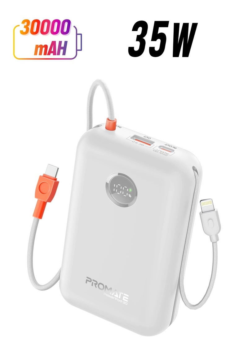 PROMATE - 30000 mAh 4 in 1 High-Capacity Power Bank 35W, With Built-In USB-C Cable, 27W Lightning Cable and Dual PD35W USB-C Port, Safety Protection, and Qualcomm Quick Charger White - Image 1