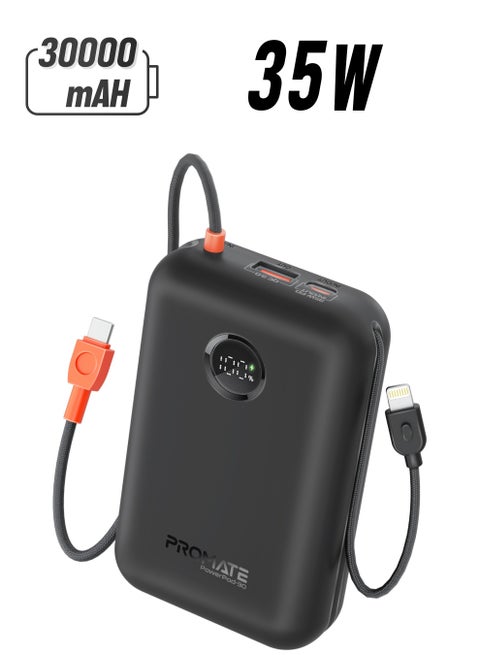 30000 mAh 4 in 1 High-Capacity Power Bank 35W, With Built-In USB-C Cable, 27W Lightning Cable and Dual PD35W USB-C Port, Safety Protection, and Qualcomm Quick Charger Black