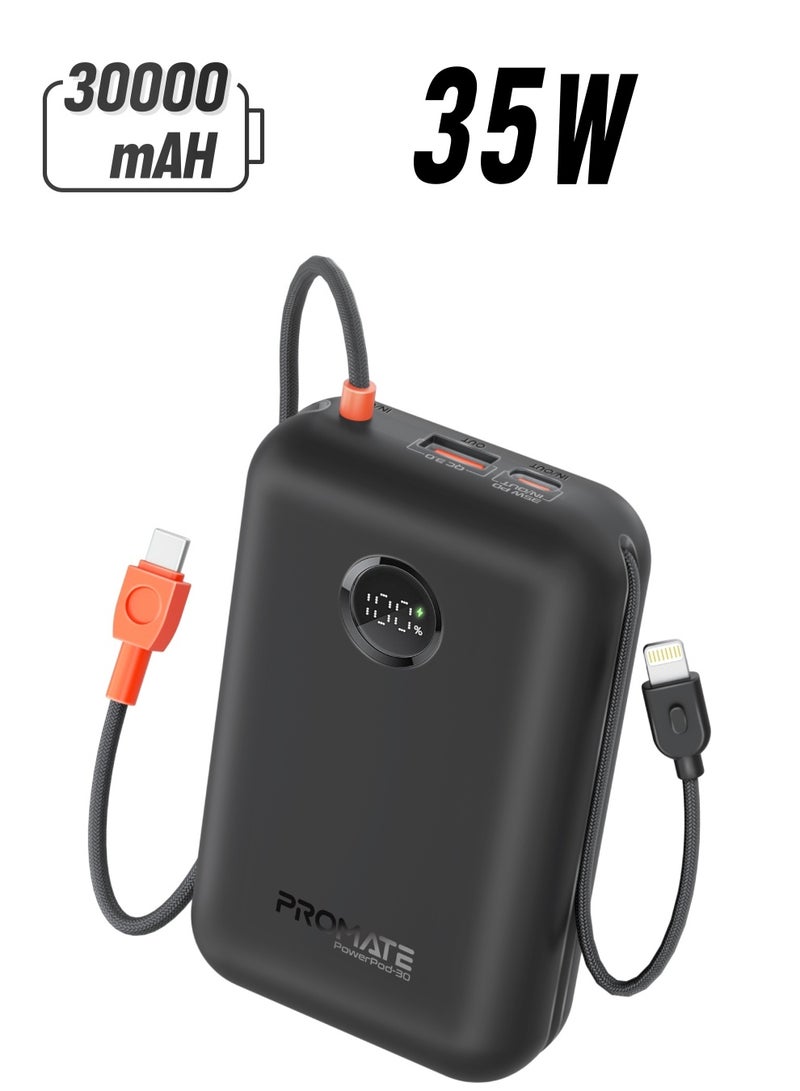30000 mAh 4 in 1 High-Capacity Power Bank 35W, With Built-In USB-C Cable, 27W Lightning Cable and Dual PD35W USB-C Port, Safety Protection, and Qualcomm Quick Charger Black