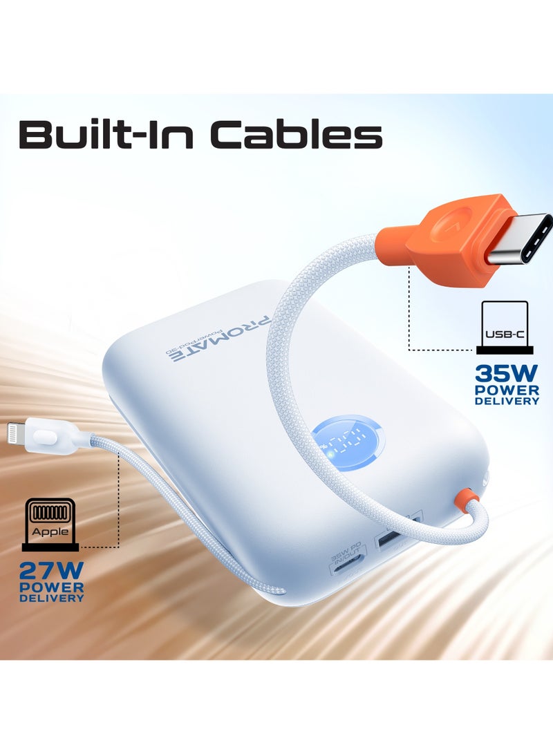 PROMATE - 30000 mAh 4 in 1 High-Capacity Power Bank 35W, With Built-In USB-C Cable, 27W Lightning Cable and Dual PD35W USB-C Port, Safety Protection, and Qualcomm Quick Charger Blue - Image 1