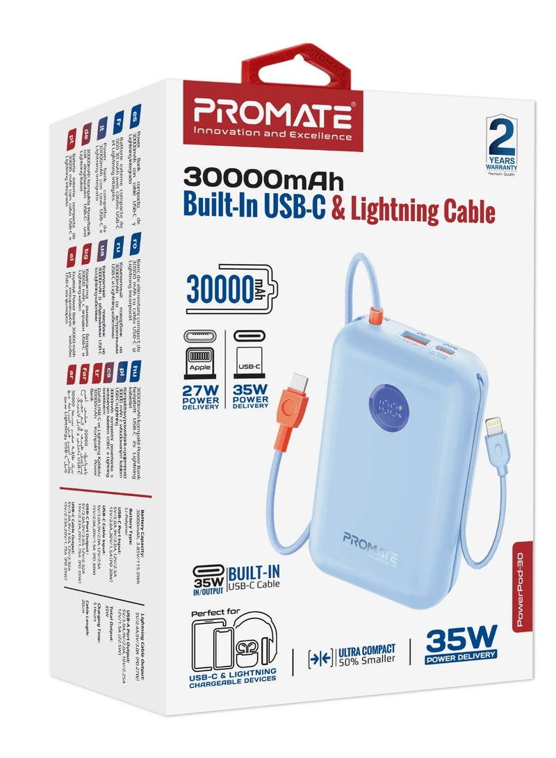 PROMATE - 30000 mAh 4 in 1 High-Capacity Power Bank 35W, With Built-In USB-C Cable, 27W Lightning Cable and Dual PD35W USB-C Port, Safety Protection, and Qualcomm Quick Charger Blue - Image 1