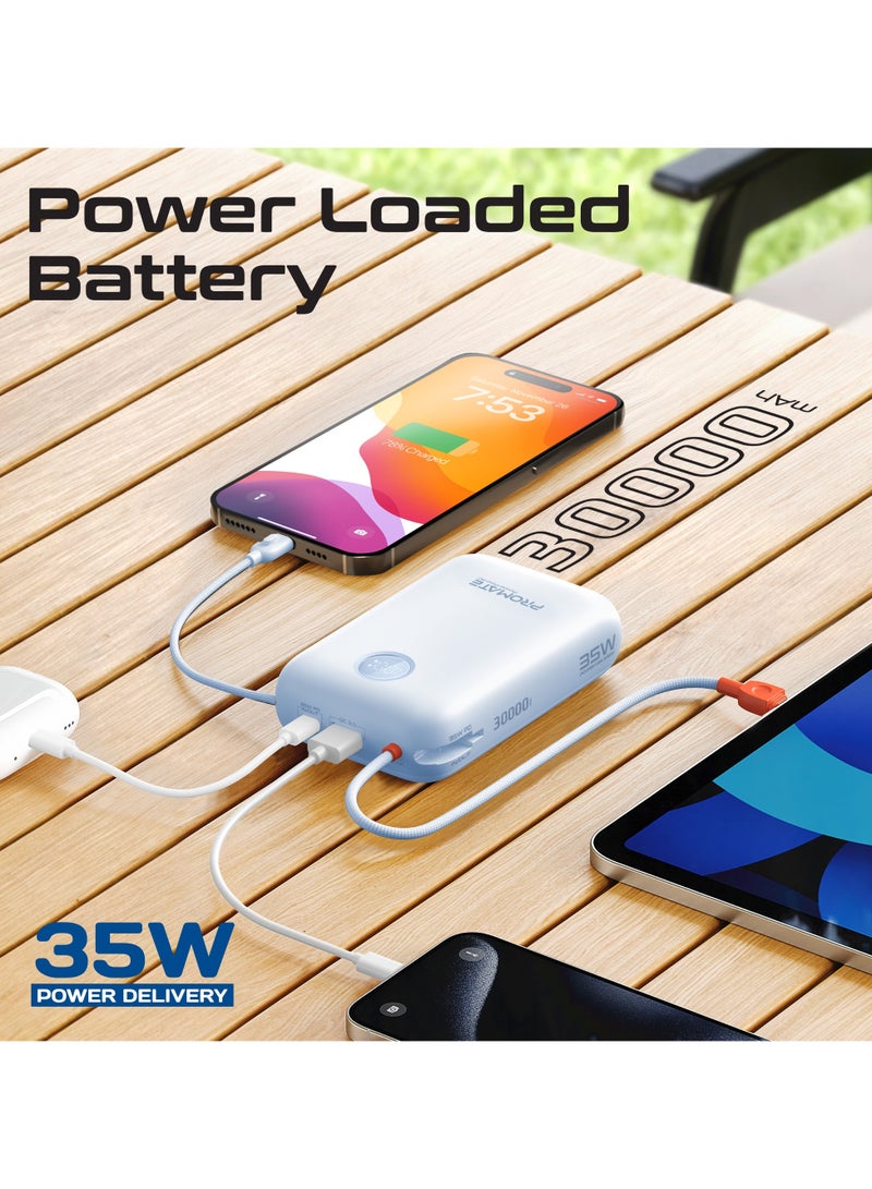 PROMATE - 30000 mAh 4 in 1 High-Capacity Power Bank 35W, With Built-In USB-C Cable, 27W Lightning Cable and Dual PD35W USB-C Port, Safety Protection, and Qualcomm Quick Charger Blue - Image 1