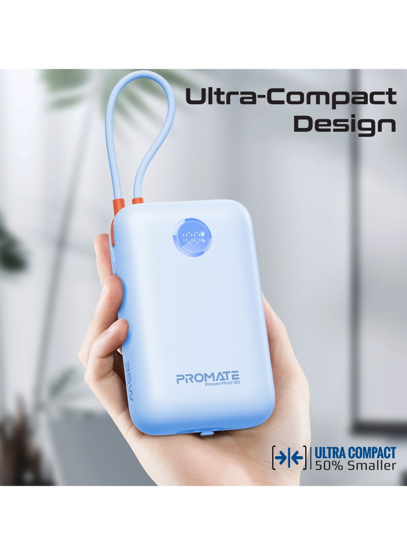 PROMATE - 30000 mAh 4 in 1 High-Capacity Power Bank 35W, With Built-In USB-C Cable, 27W Lightning Cable and Dual PD35W USB-C Port, Safety Protection, and Qualcomm Quick Charger Blue - Image 1