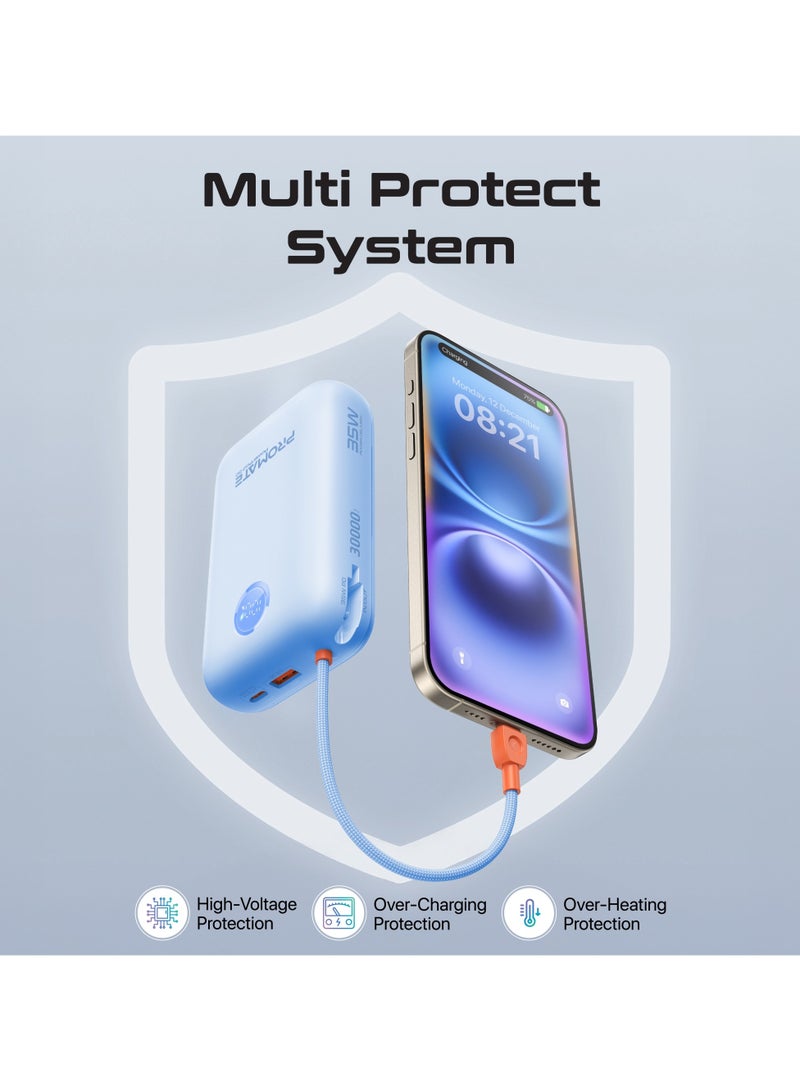 PROMATE - 30000 mAh 4 in 1 High-Capacity Power Bank 35W, With Built-In USB-C Cable, 27W Lightning Cable and Dual PD35W USB-C Port, Safety Protection, and Qualcomm Quick Charger Blue - Image 1