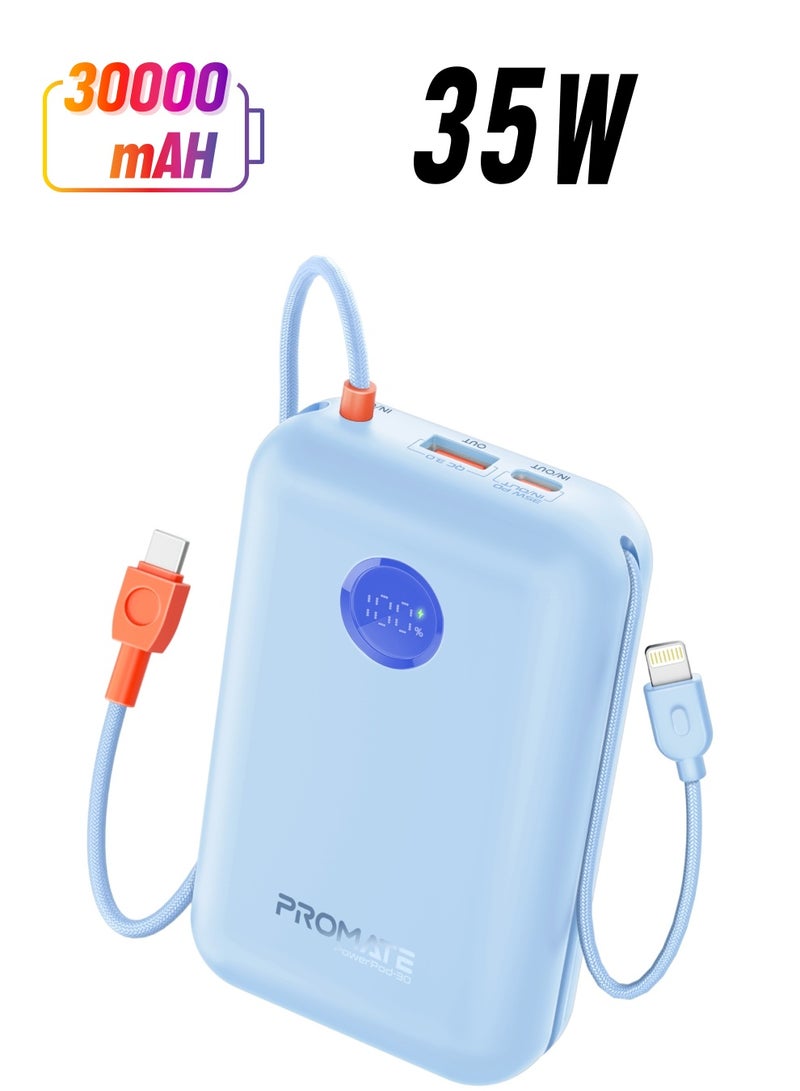 PROMATE - 30000 mAh 4 in 1 High-Capacity Power Bank 35W, With Built-In USB-C Cable, 27W Lightning Cable and Dual PD35W USB-C Port, Safety Protection, and Qualcomm Quick Charger Blue - Image 1